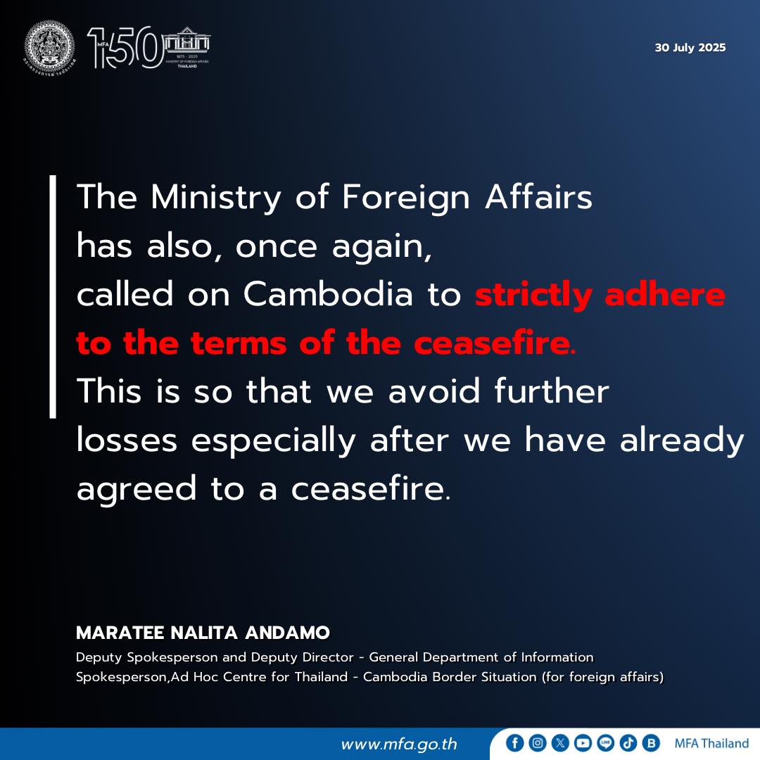 Thailand Remains Committed to Strictly Upholding Ceasefire Agreement Concerning Thai-Cambodian Border Situation