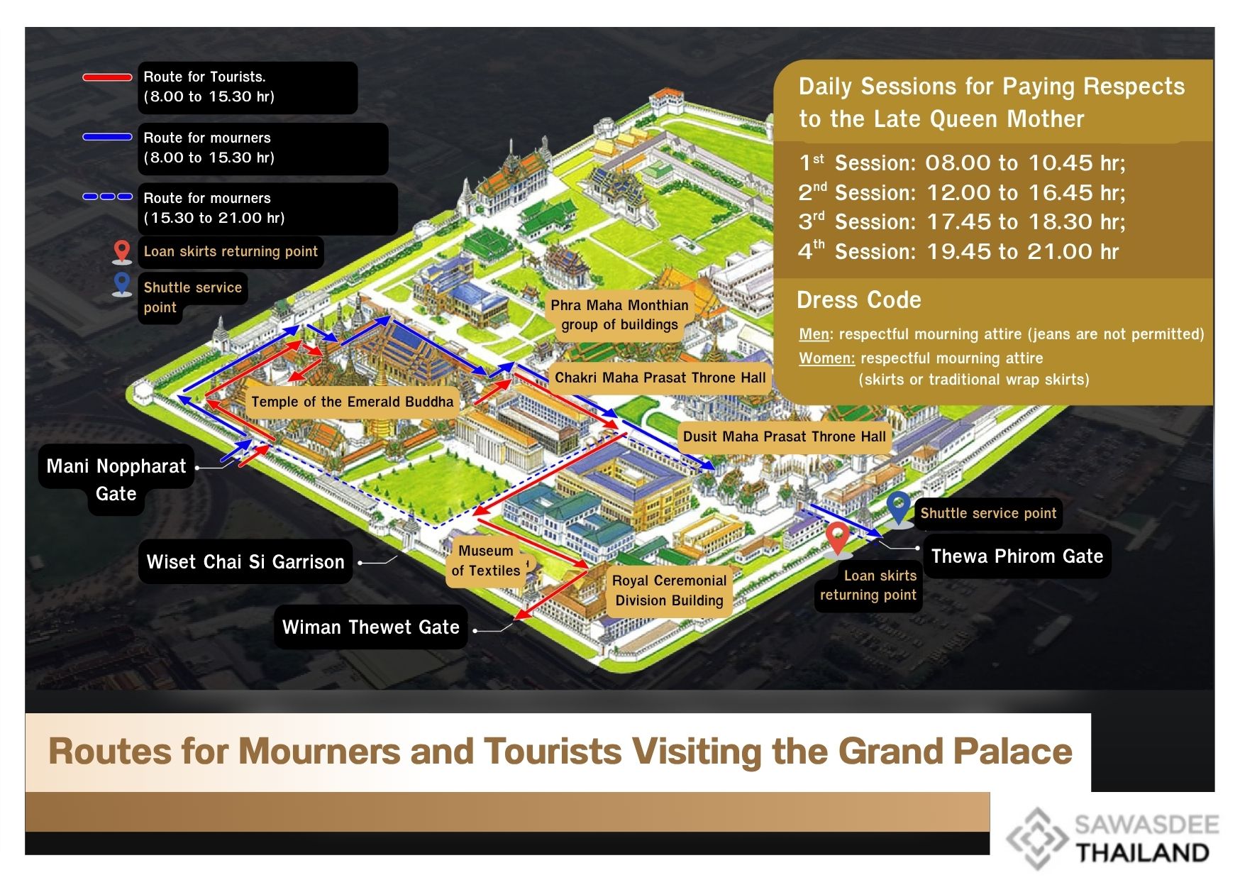 Routes for Mourners and Tourists Visiting the Grand Palace