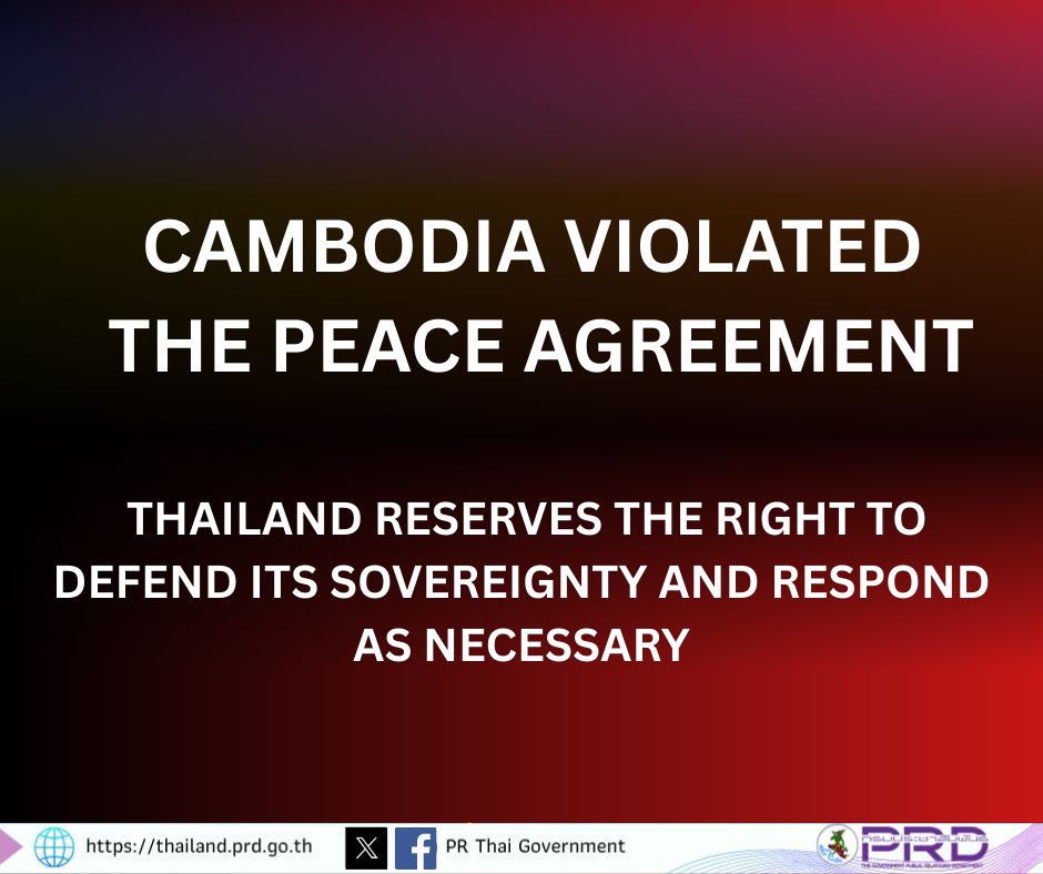 Cambodia Violated the Peace Agreement, Thailand Reserves the right to Defend Its Sovereignty and respond as Necessary