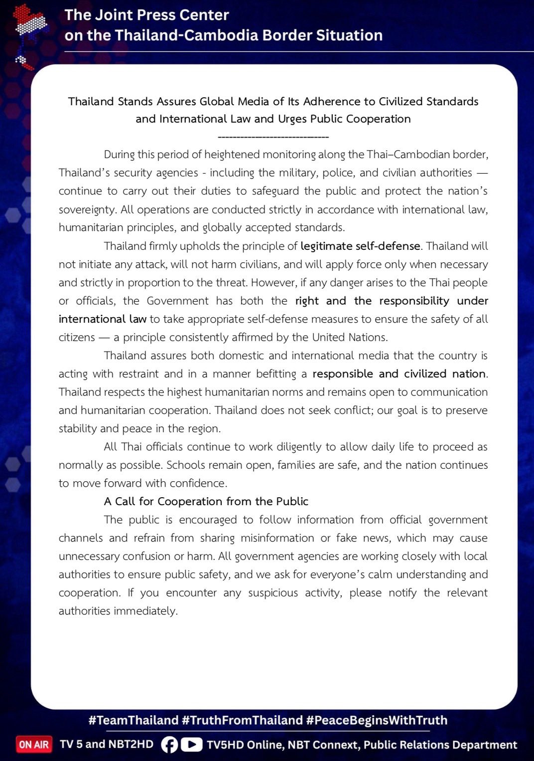 Thailand's Message to the International Community during the Thailand&ndash;Cambodia Border Situation