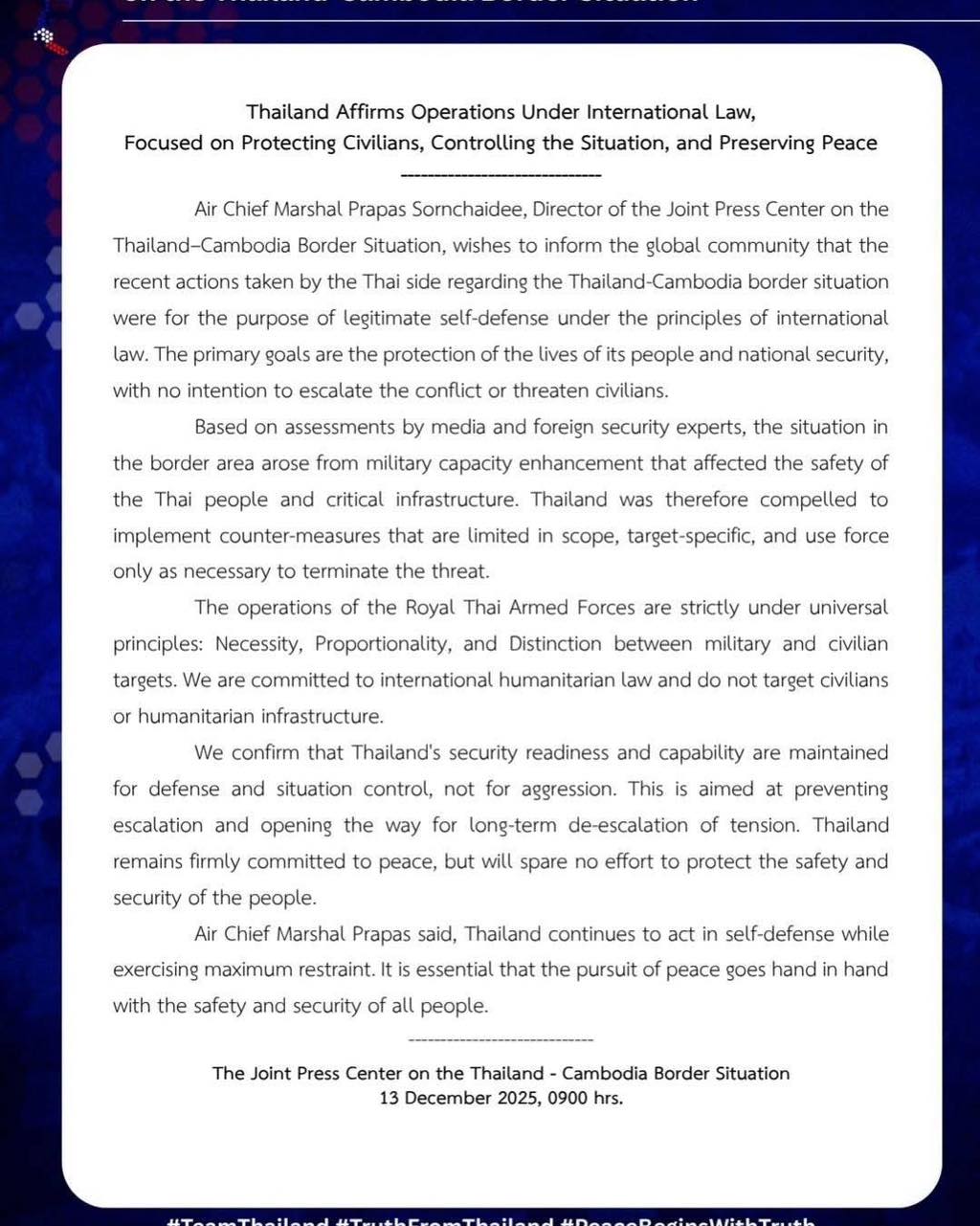 Thailand Affirms Operations Under International Law, Focused on Protecting Civilians, Controlling the Situation, and Preserving Peace