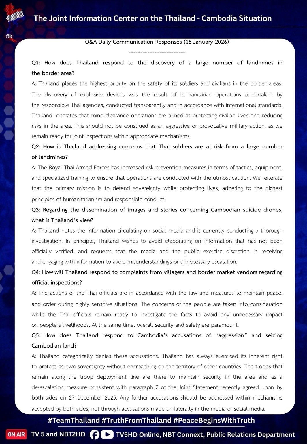 Q&A Daily Communication Responses on Thailand-Cambodia Situation, 18 January 2026