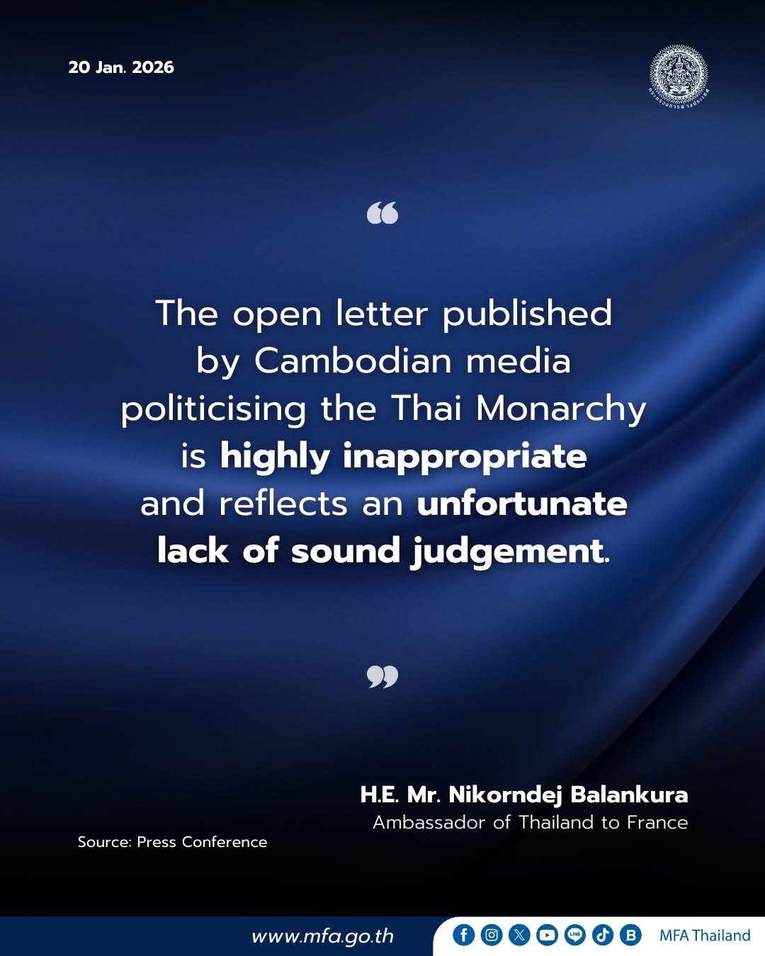 Latest Developments on Thai-Cambodian Border Situation, 20 January 2026
