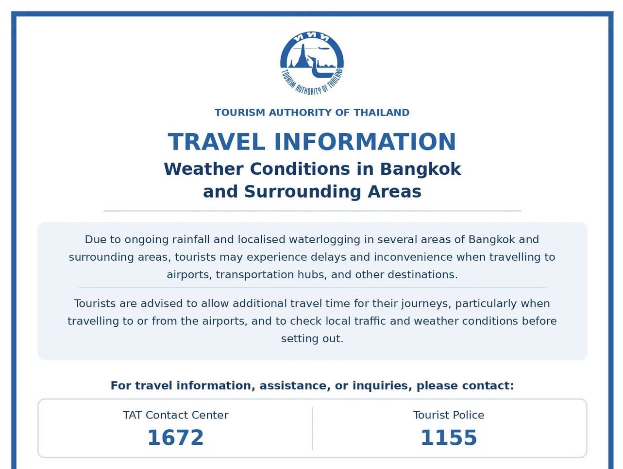 TAT Steps Up Tourist Support Amid Heavy Rain, Activates Hotline, and Advises Extra Travel Time to Airports 
