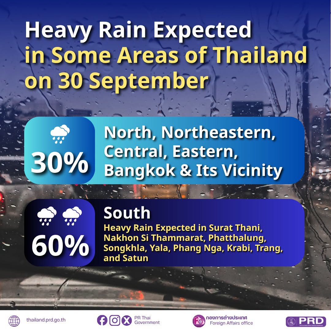 Heavy Rain Expected in Some Areas of Thailand on 30 September